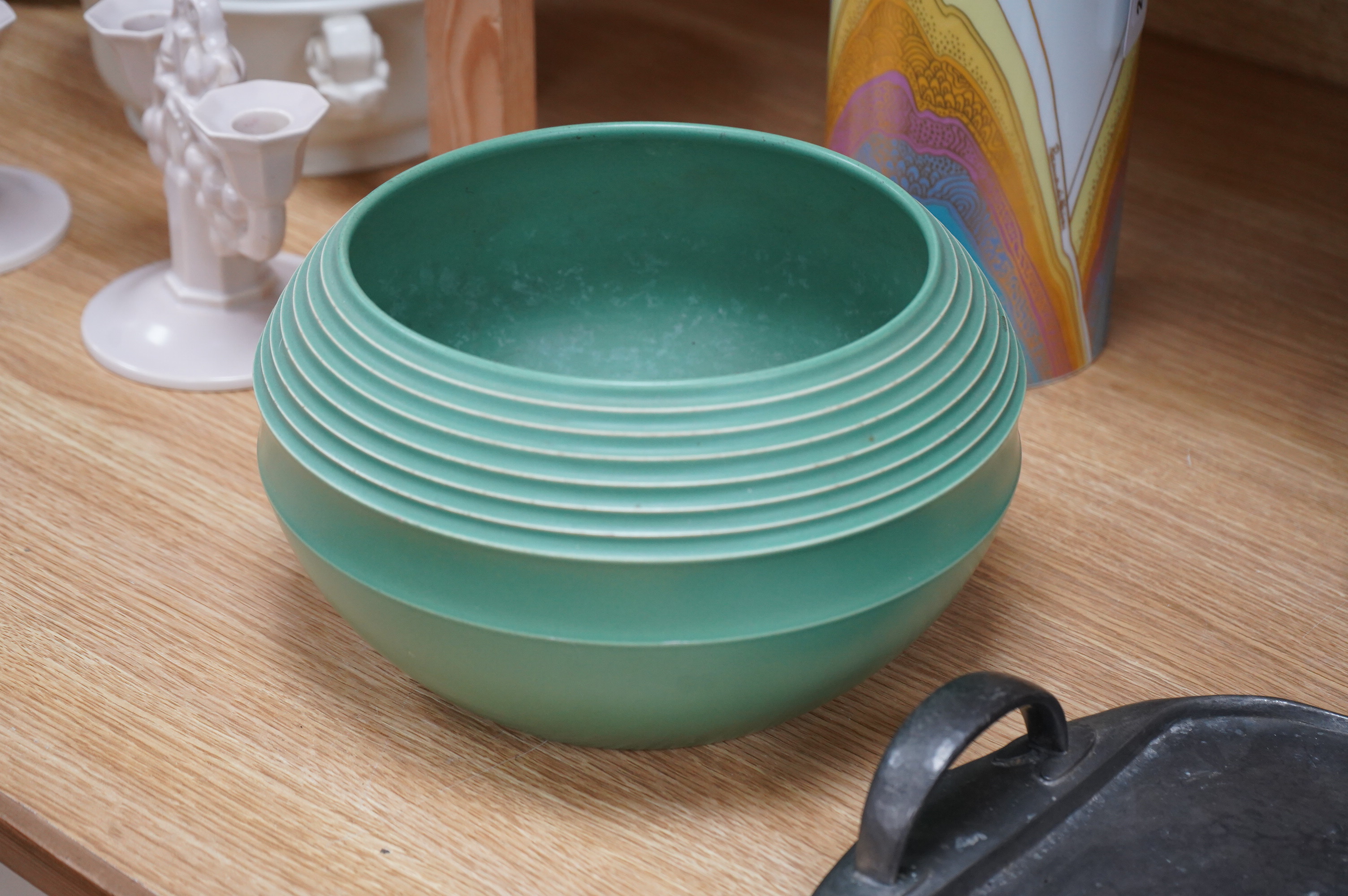 Keith Murray for Wedgwood green glazed ribbed bowl, signed and stamped to the base, 25cm in diameter